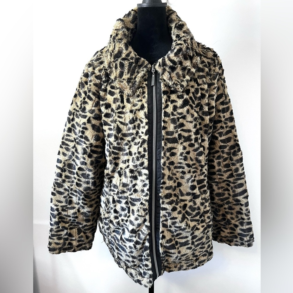 Vintage 90s Love Life Live Leopard Print Faux Fur Soft Plush Swing Coat Women XL